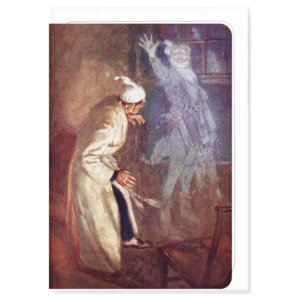 Scrooge and ghost (c.1911) Greetings card